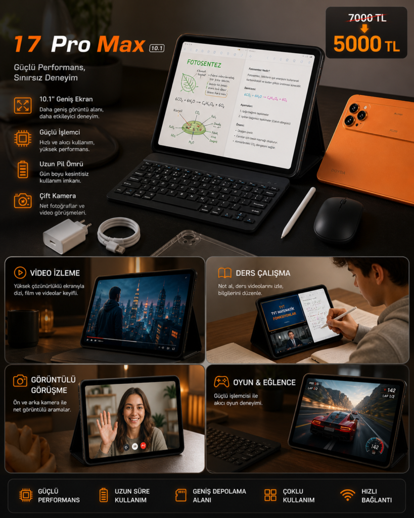 17 Pro Max tablet klavye mouse kalem ve aksesuar seti ile eğitim, video izleme, görüntülü görüşme ve oyun kullanımı