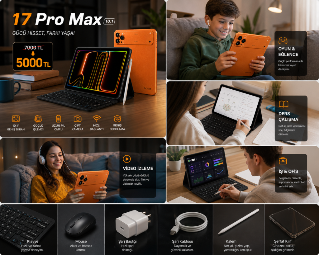 17 Pro Max tablet tam aksesuar seti ile oyun, ders çalışma, video izleme ve iş ofis kullanımı