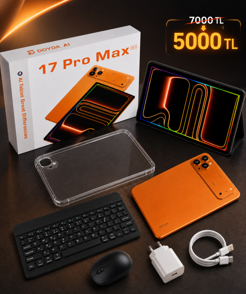 17 Pro Max tablet kutusu, tablet, klavye, mouse, şarj başlığı, şarj kablosu ve şeffaf kılıf aksesuar seti